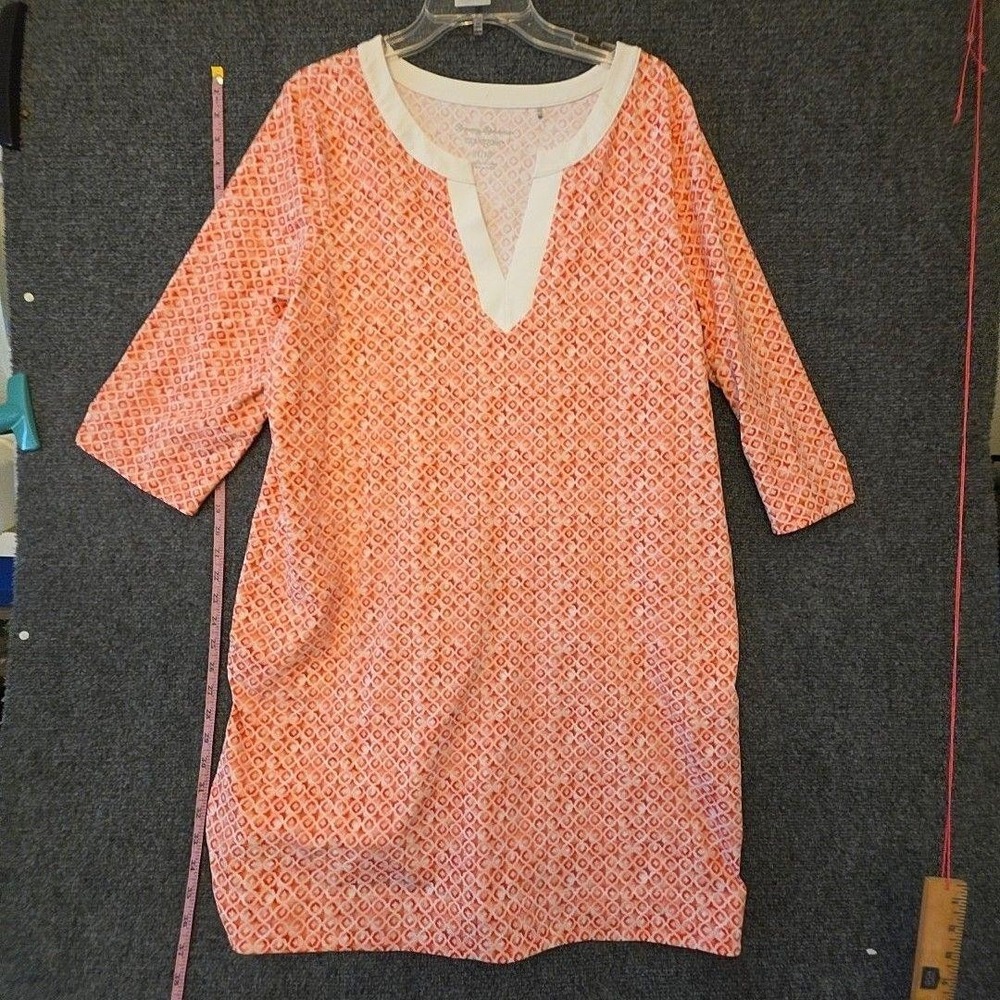 Tommy Bahama Dress Womens XL Orange Geometric V Neck Shift Pockets IslandZone